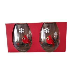 St. Nicholas Square Yuletide Cardinals Stemless Wine Glasses Sealed Box Set of 2